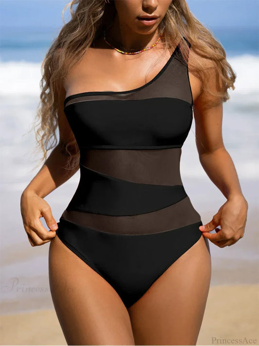 One Shoulder Mesh Monokini Swimsuit One Piece BLACK / S onepiece-250223