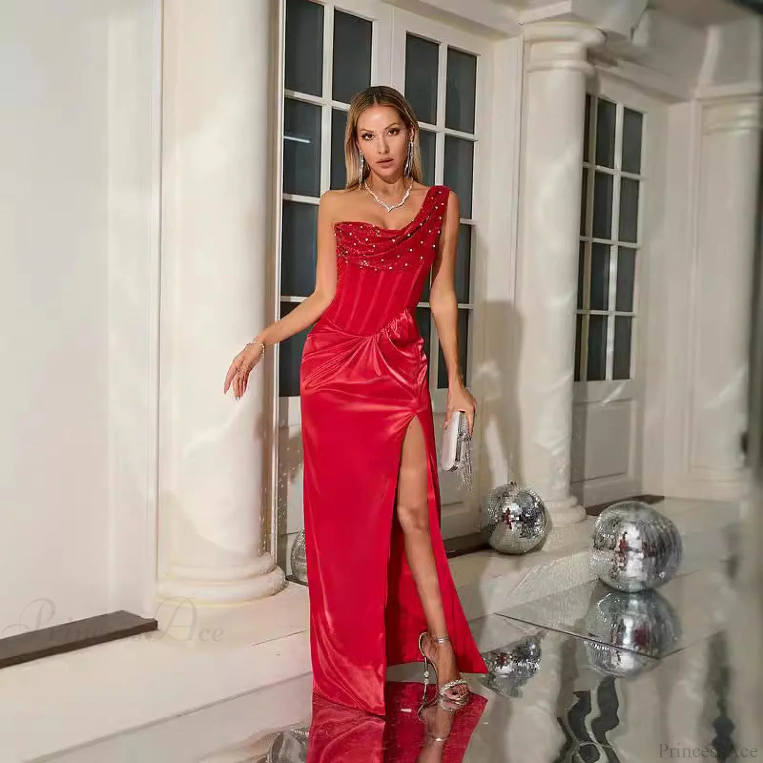 One Shoulder Pleated Elegant Ruched Party Prom Dress promdress-250223