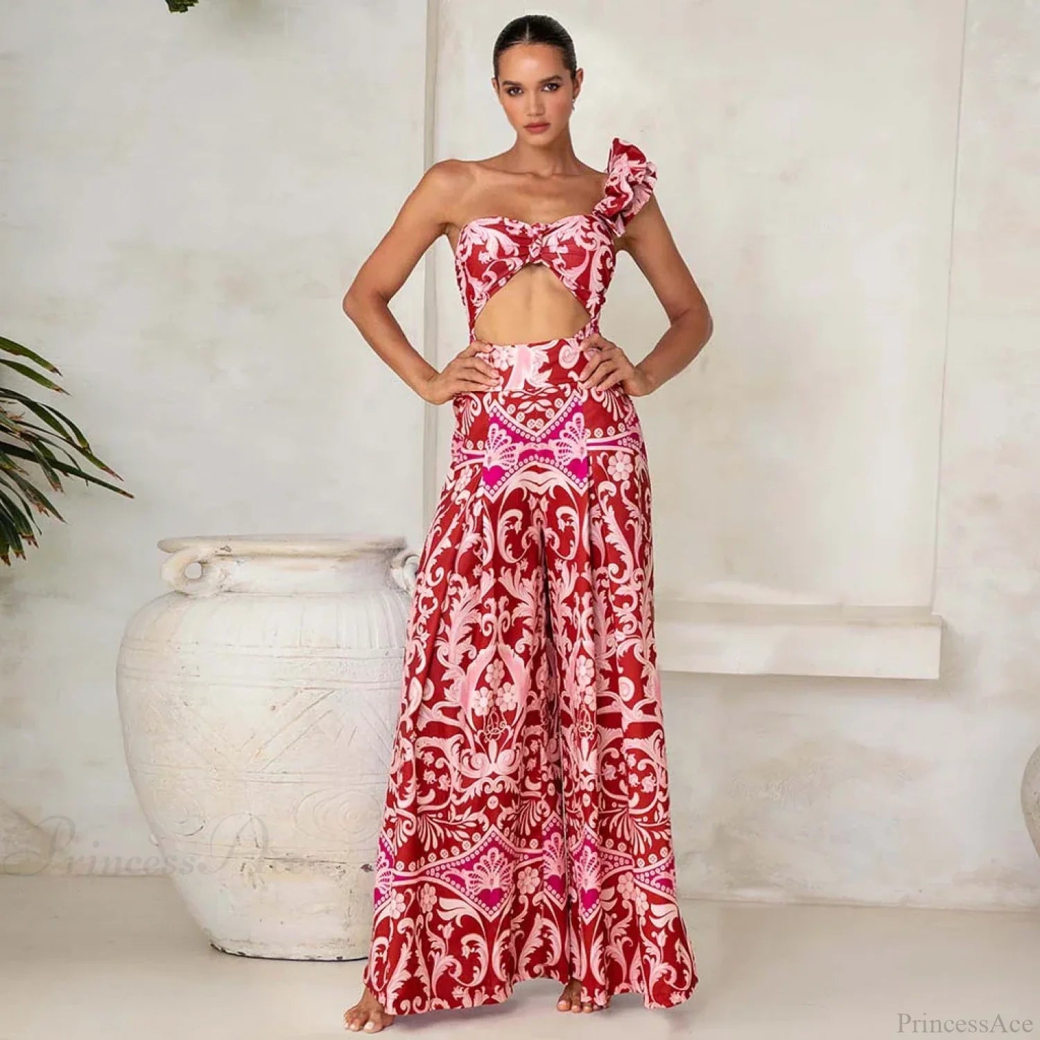 One Shoulder Print Pants Two Piece Set