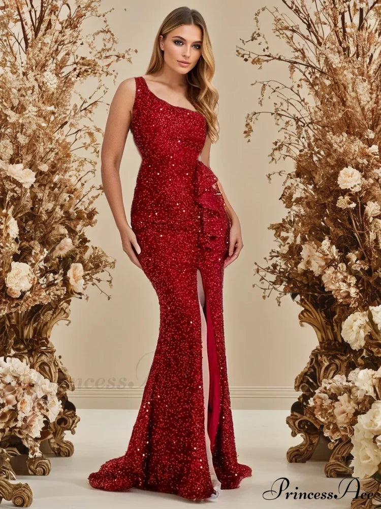 One Shoulder Red Sequined Ruffles Slit Evening Party Backless Lace Christmas Dress Dresses-L