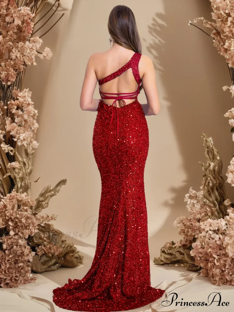 One Shoulder Red Sequined Ruffles Slit Evening Party Backless Lace Christmas Dress Dresses-L