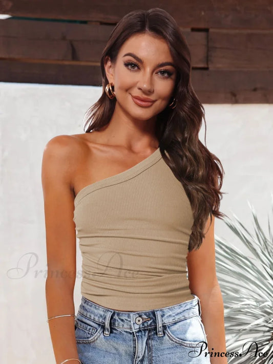 Ribbed One-Shoulder Tank Khaki clothes MDML Ship From Overseas Shipping Delay 09/29/2023 - 10/02/2023 shirt shirts short sleeve top tops trend