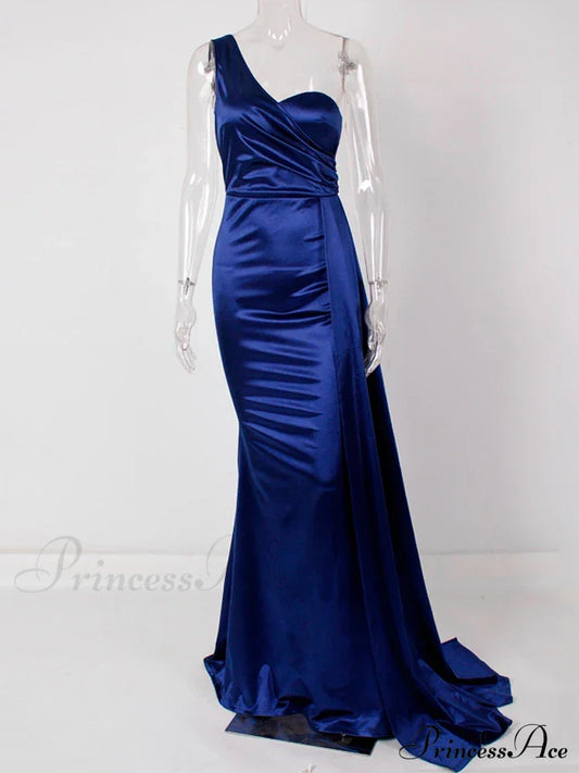 One-Shoulder Ruched Satin Party Dress Blue / 4 Partydress-241208