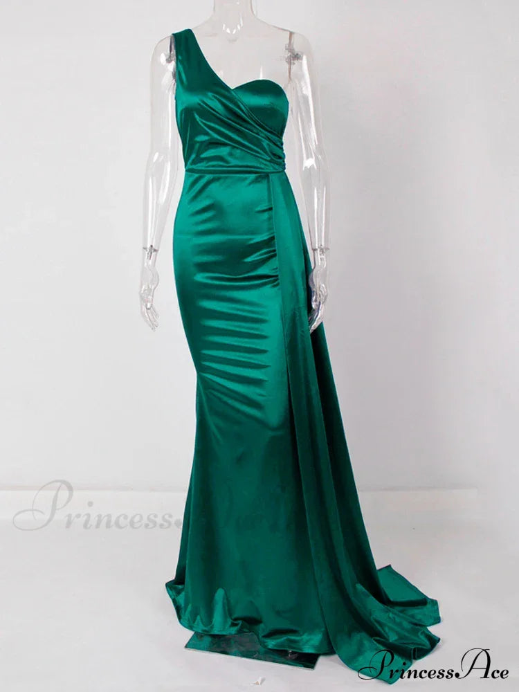 One-Shoulder Ruched Satin Party Dress Green / 4 Partydress-241208