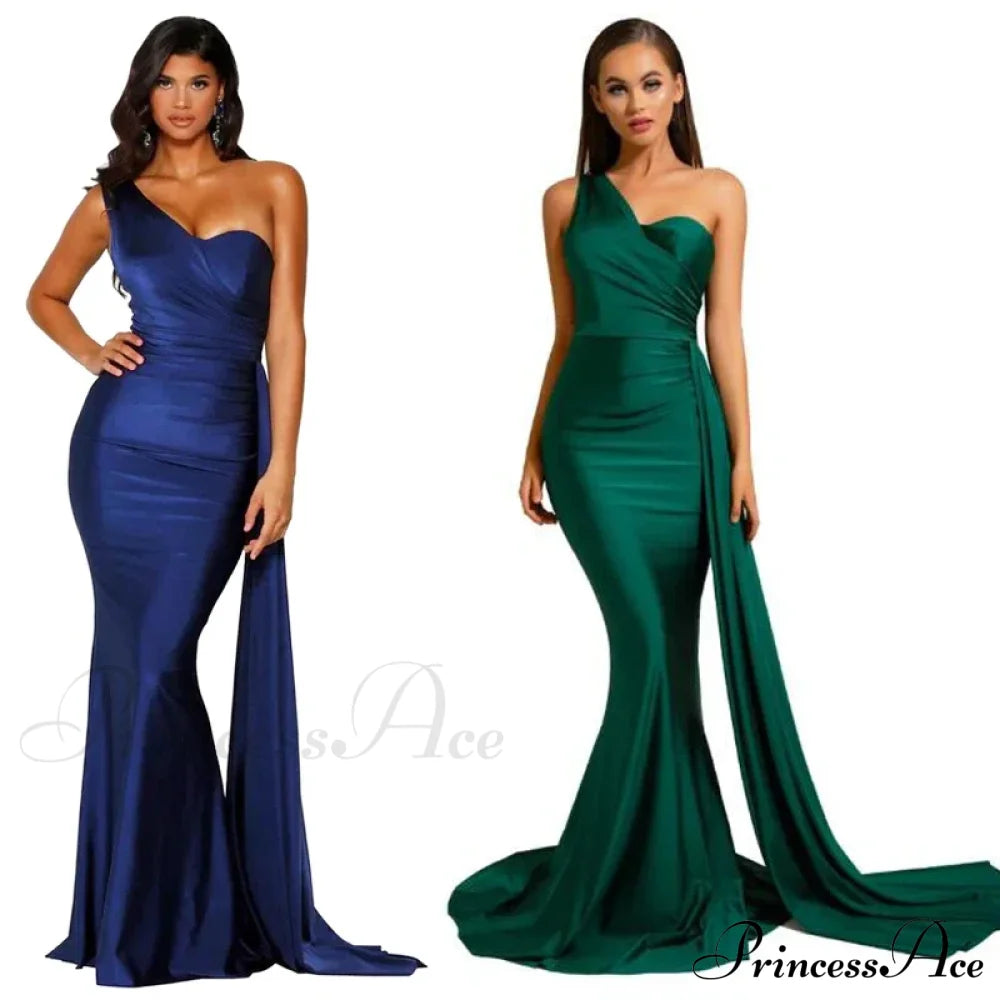 One-Shoulder Ruched Satin Party Dress Partydress-241208