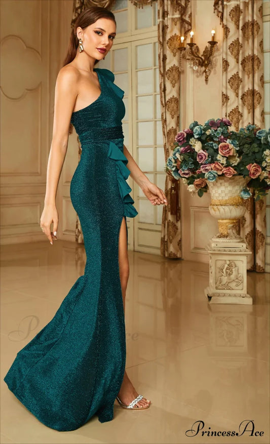 One Shoulder Ruffle Emerald Green Prom Dress Elegant Party Dresses Christmas Dresses-L