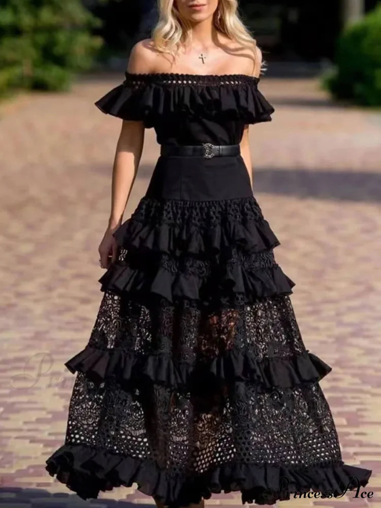 One-Shoulder Ruffled Hollow Swing Graceful Lace Patchwork Long Dress Black / S Dresses