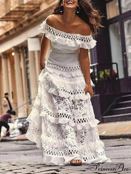 One-Shoulder Ruffled Hollow Swing Graceful Lace Patchwork Long Dress White / S Dresses