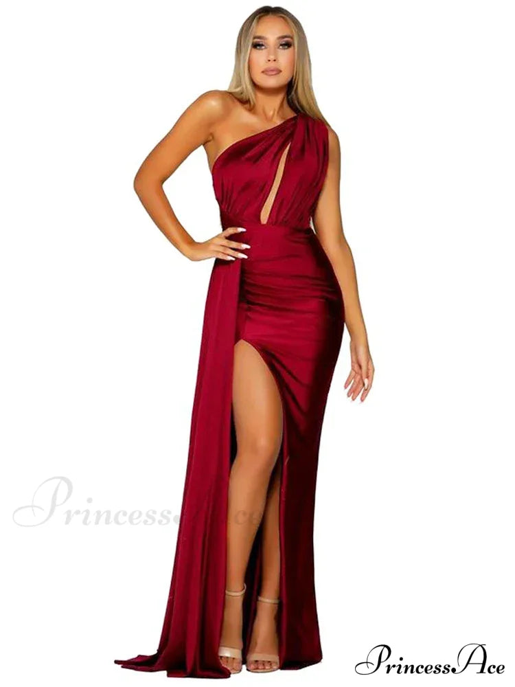 One-Shoulder Satin Hollow Out Party Dress Burgundy / Xs Partydress-241208