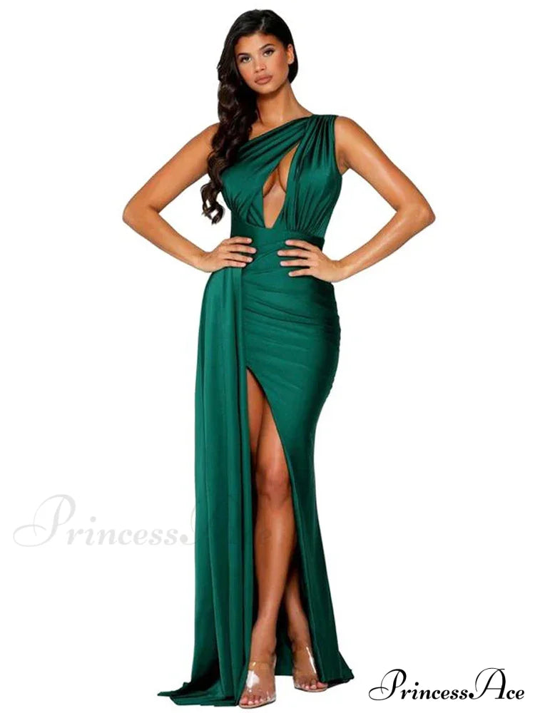 One-Shoulder Satin Hollow Out Party Dress Green / Xs Partydress-241208