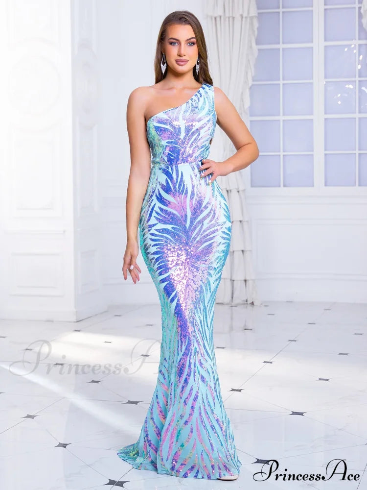 One-Shoulder Sequined Party Dress Blue / S Partydress-241208