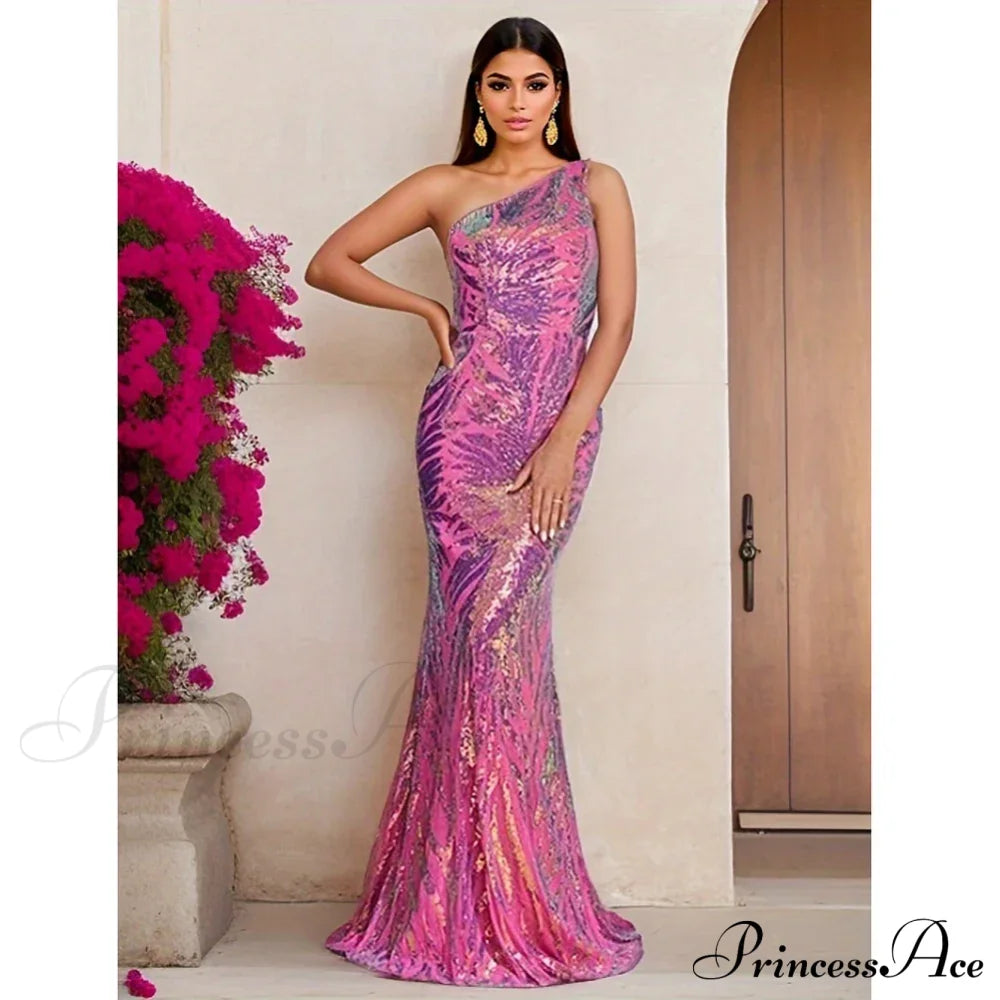 One-Shoulder Sequined Party Dress Fuchsia / S Partydress-241208