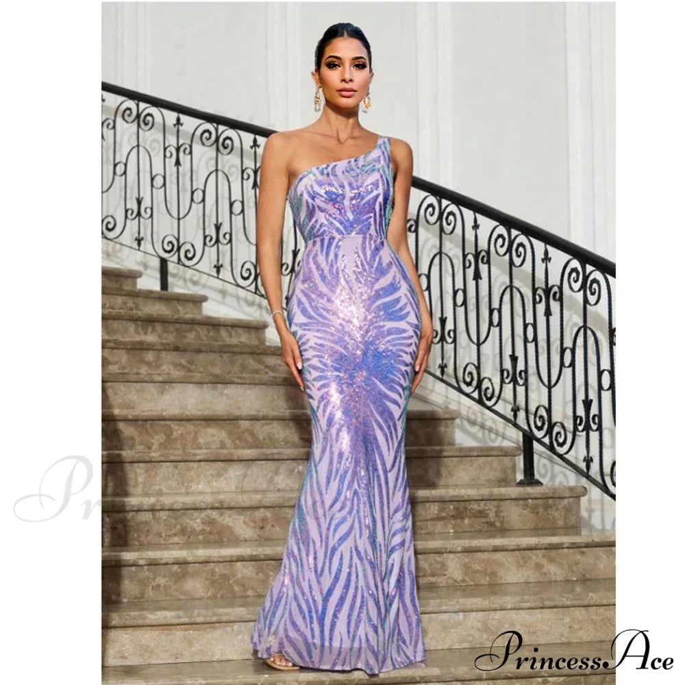 One-Shoulder Sequined Party Dress Lavender / S Partydress-241208