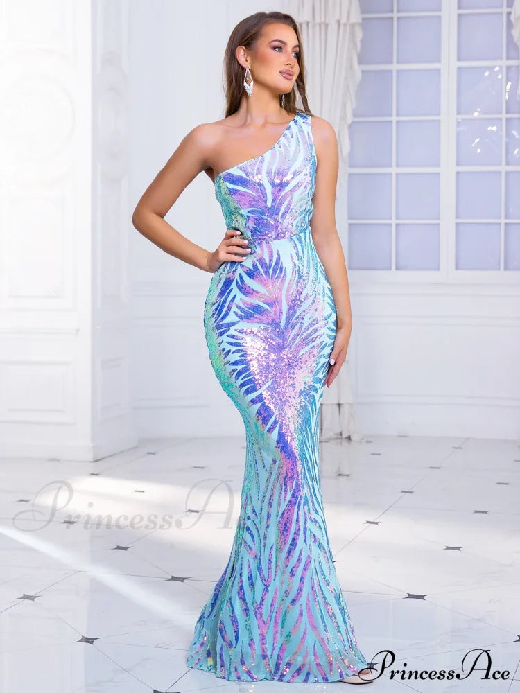 One-Shoulder Sequined Party Dress Partydress-241208