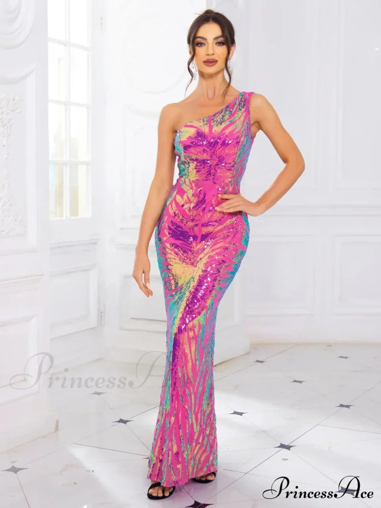 One-Shoulder Sequined Party Dress Partydress-241208