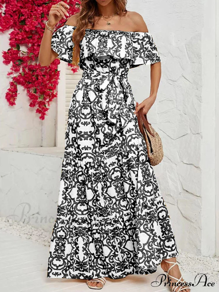 One-Shoulder Short-Sleeve Printed Charming Ruffle Maxi Dress Black / S Dresses