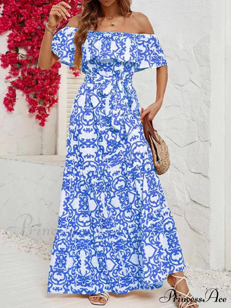 One-Shoulder Short-Sleeve Printed Charming Ruffle Maxi Dress Blue / S Dresses