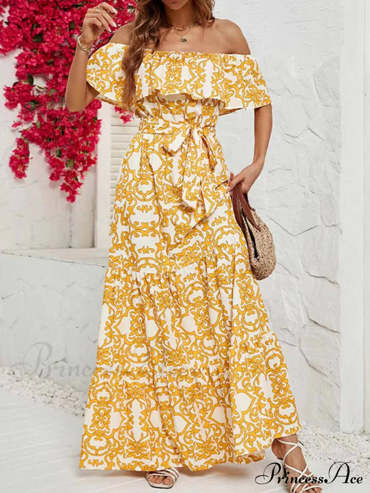 One-Shoulder Short-Sleeve Printed Charming Ruffle Maxi Dress Dresses