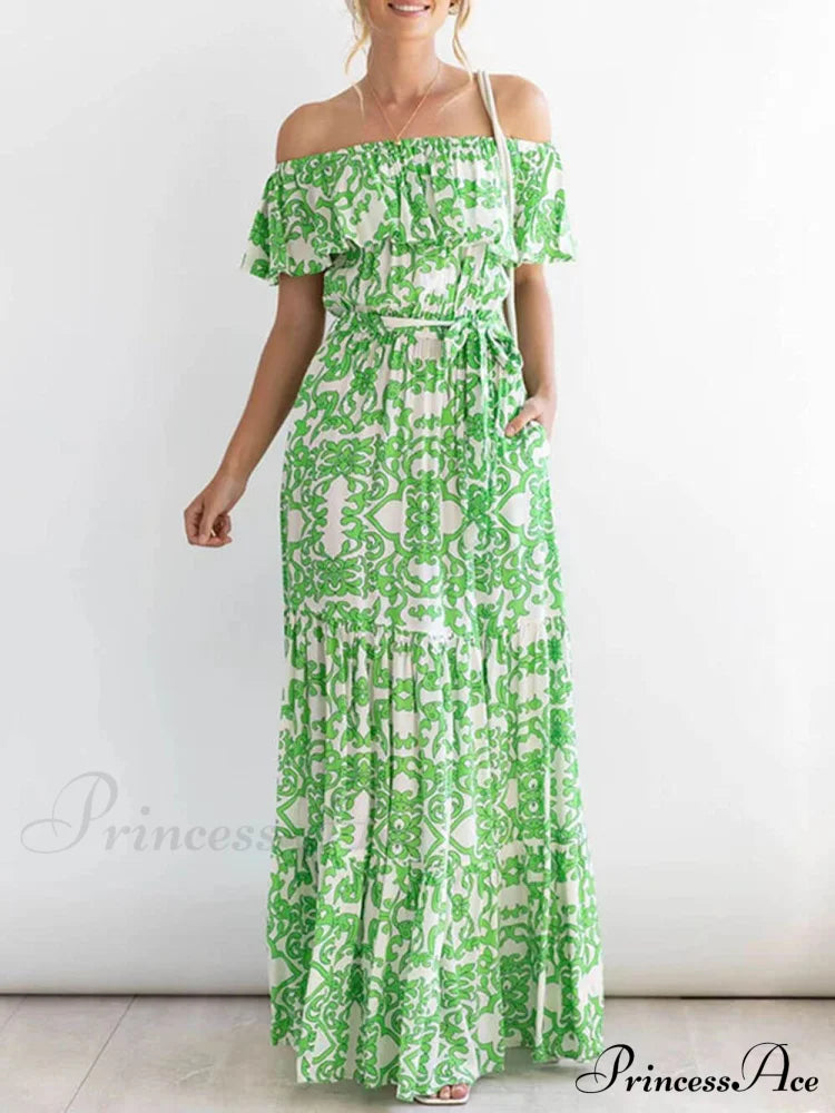 One-Shoulder Short-Sleeve Printed Charming Ruffle Maxi Dress Green / S Dresses