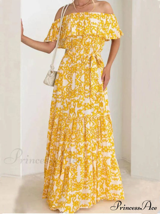 One-Shoulder Short-Sleeve Printed Charming Ruffle Maxi Dress Yellow / S Dresses