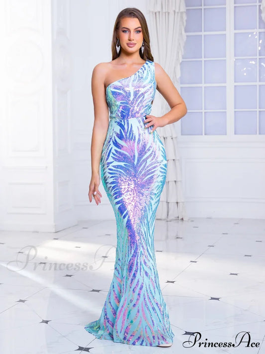 One-Shoulder Stretch Sequin Party Dress Blue / S Partydress-241208