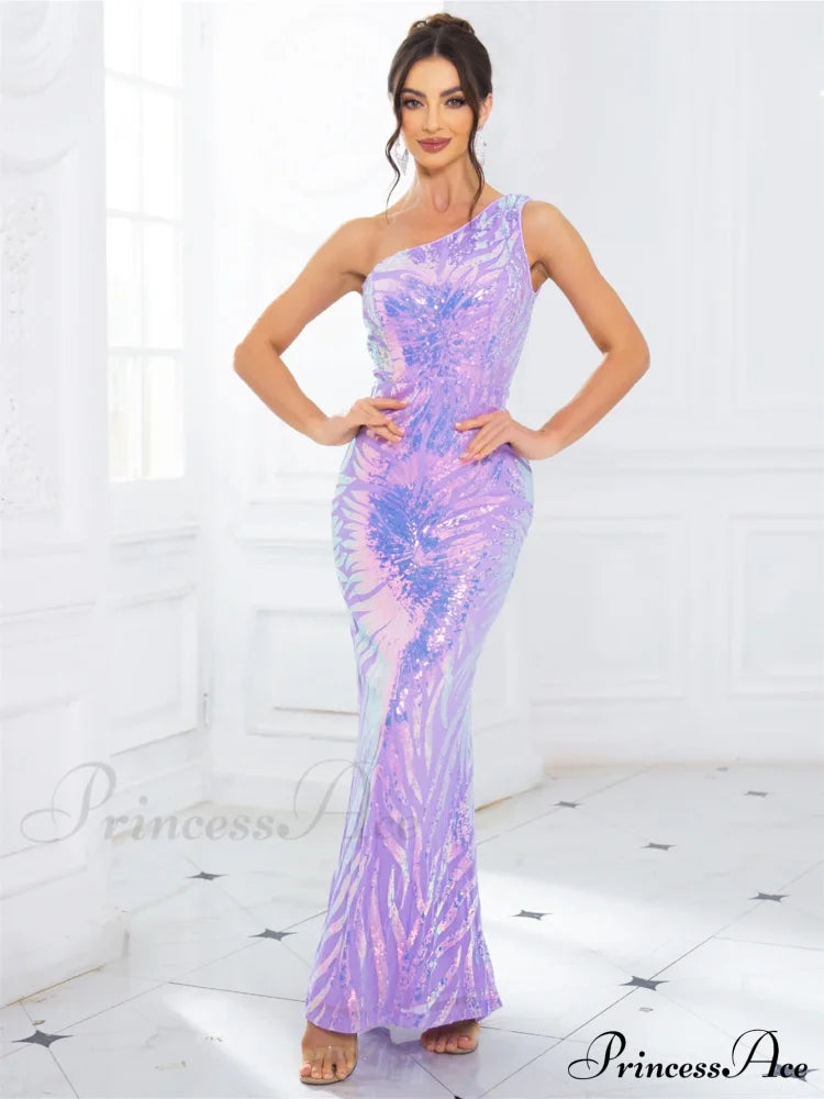 One-Shoulder Stretch Sequin Party Dress Lavender / S Partydress-241208