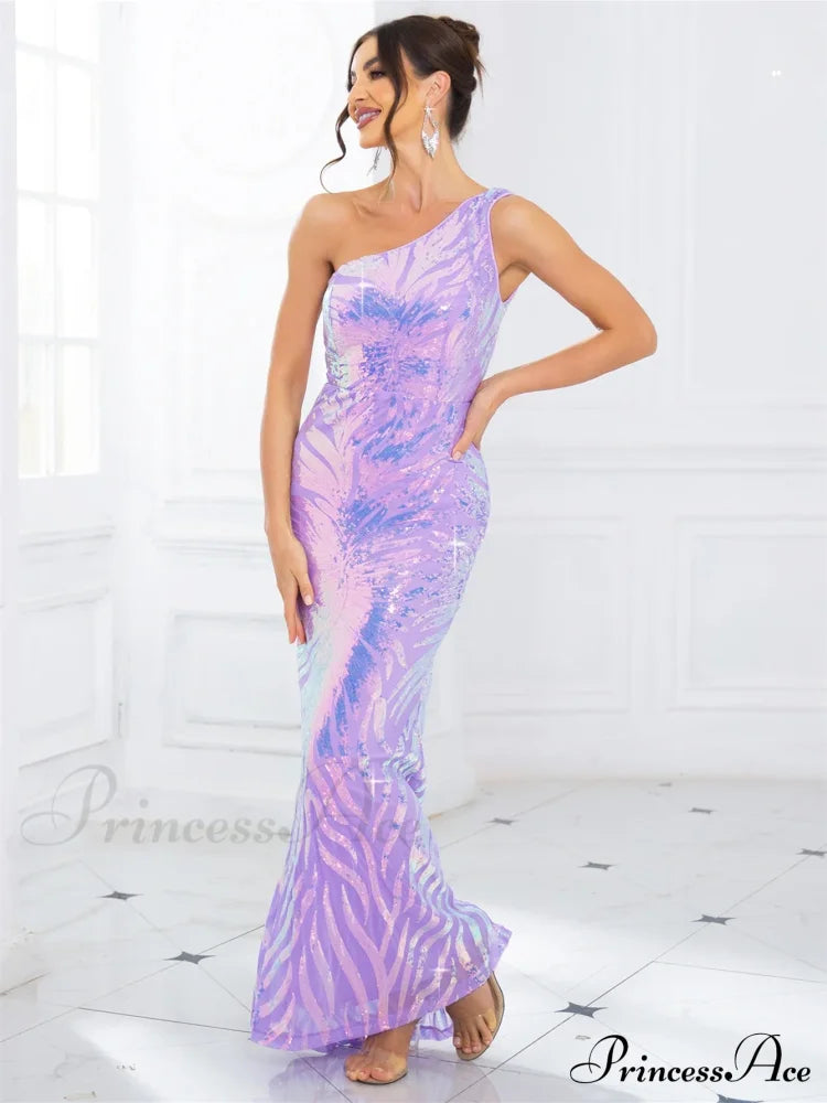 One-Shoulder Stretch Sequined Party Dress Lavender / S Partydress-241208