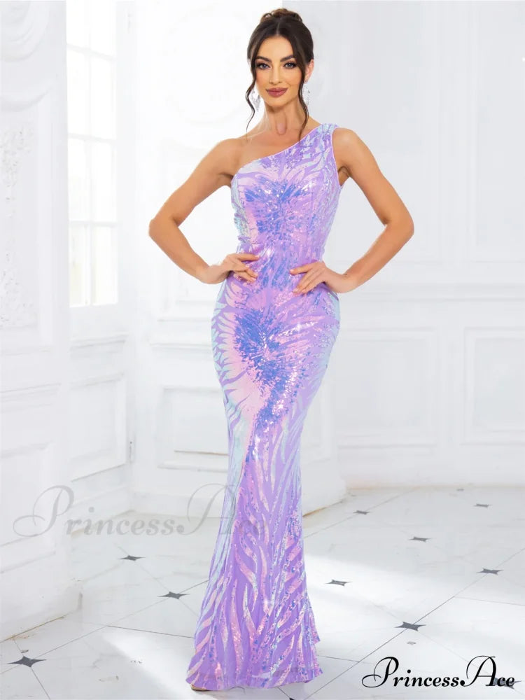 One-Shoulder Stretch Sequined Party Dress Partydress-241208