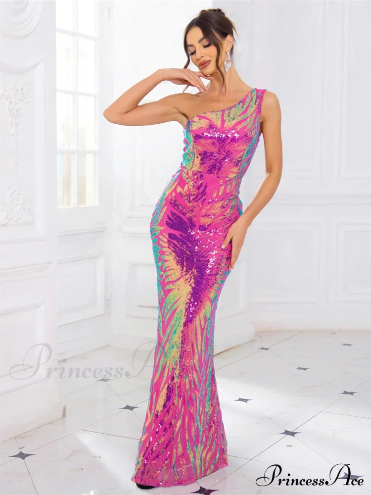 One-Shoulder Stretch Sequined Party Dress Partydress-241208