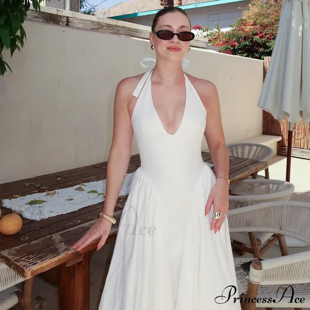 Open Back Halter Deep Graceful V-Neck White Ankle Length Dress