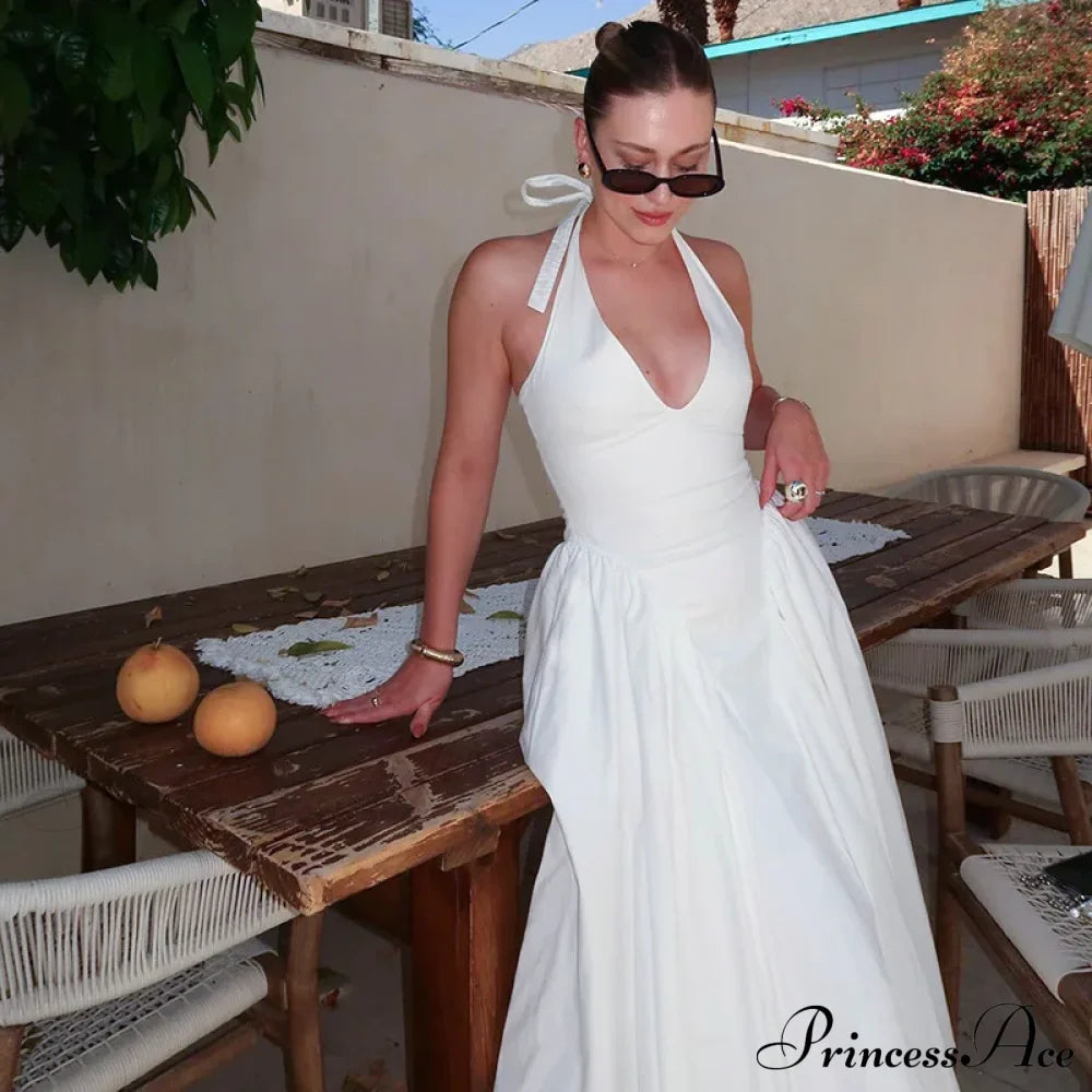 Open Back Halter Deep Graceful V-Neck White Ankle Length Dress