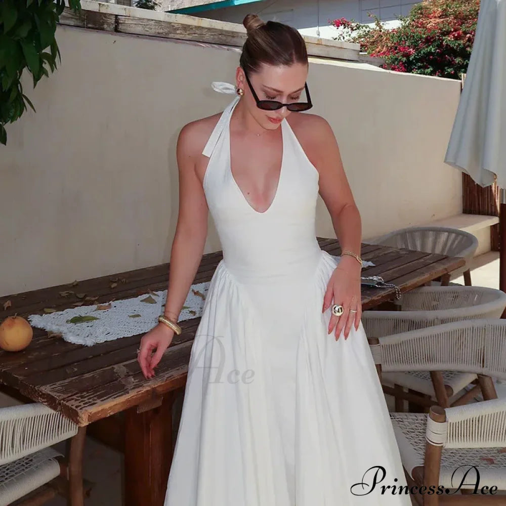 Open Back Halter Deep Graceful V-Neck White Ankle Length Dress