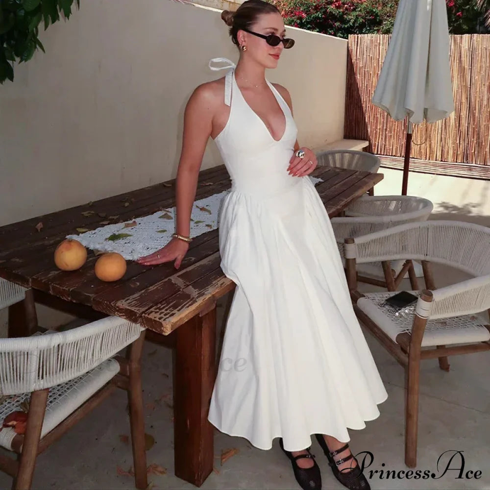 Open Back Halter Deep Graceful V-Neck White Ankle Length Dress