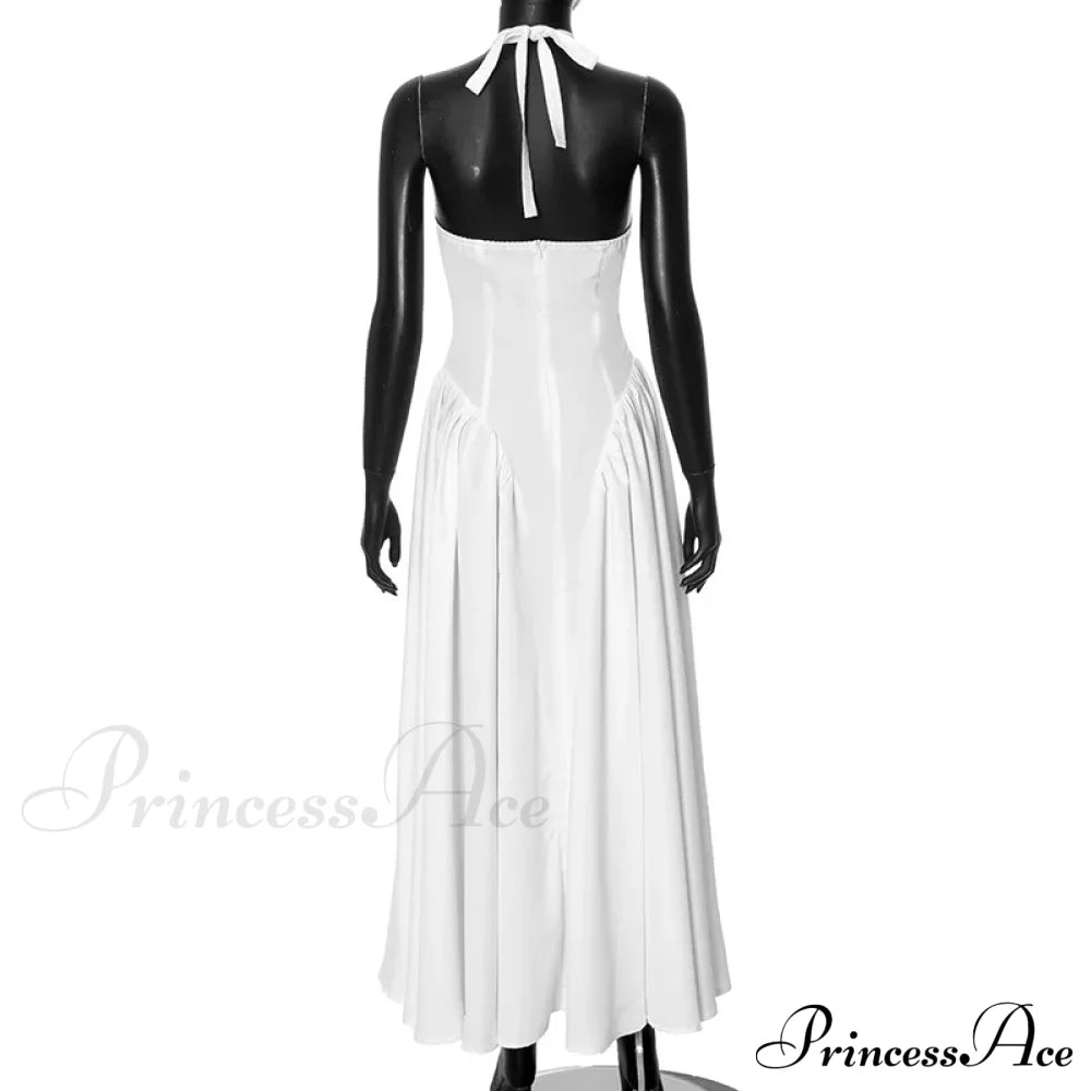 Open Back Halter Deep Graceful V-Neck White Ankle Length Dress