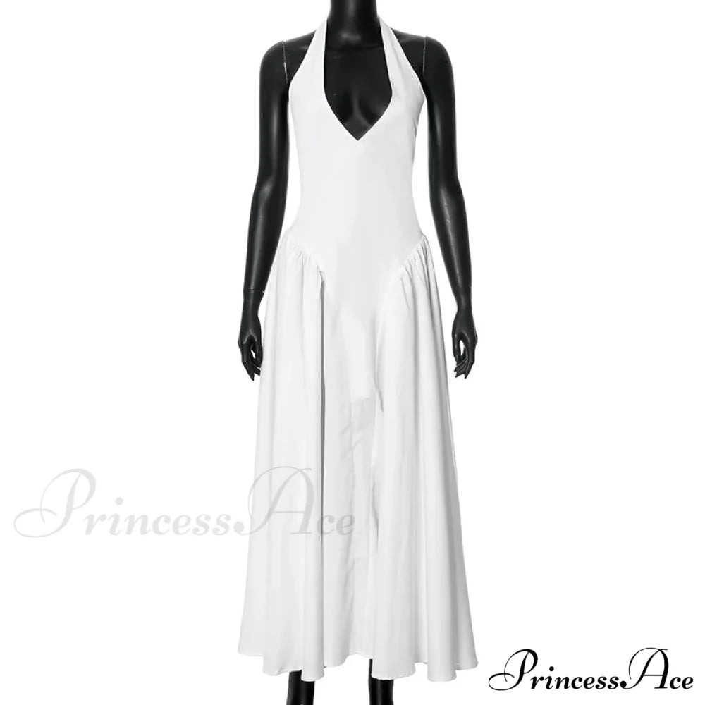 Open Back Halter Deep Graceful V-Neck White Ankle Length Dress