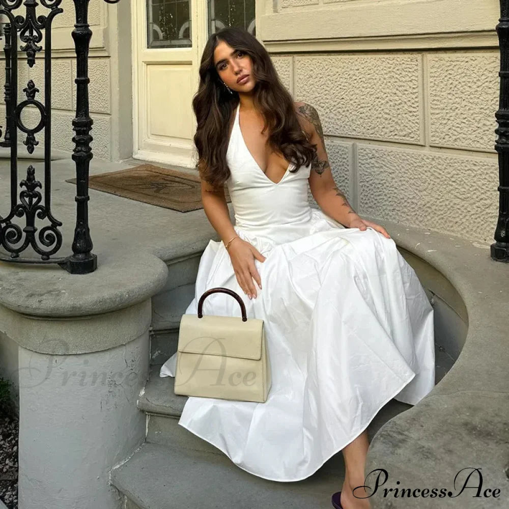 Open Back Halter Deep Graceful V-Neck White Ankle Length Dress