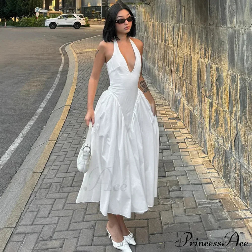 Open Back Halter Deep Graceful V-Neck White Ankle Length Dress