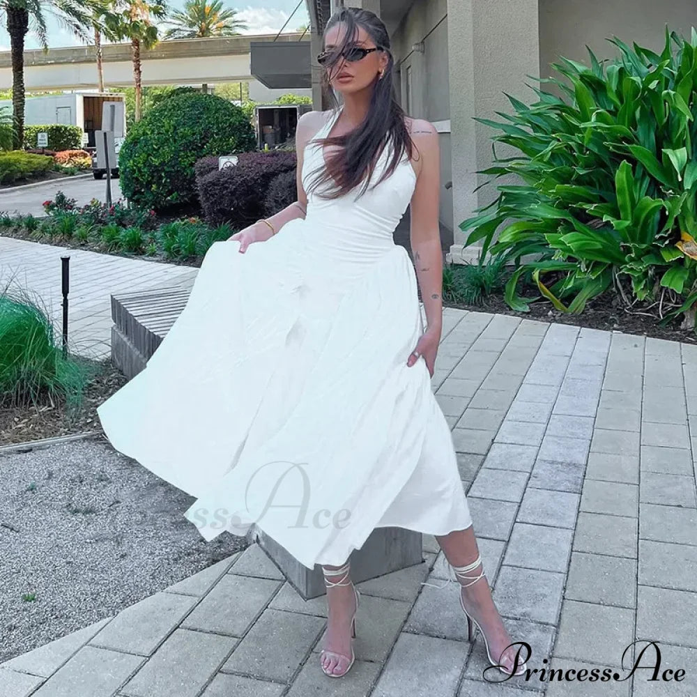 Open Back Halter Deep Graceful V-Neck White Ankle Length Dress