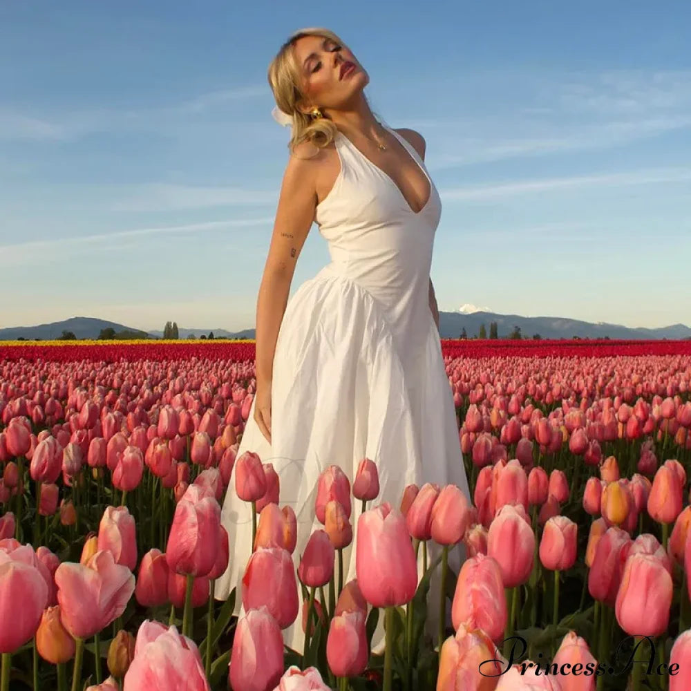 Open Back Halter Deep Graceful V-Neck White Ankle Length Dress