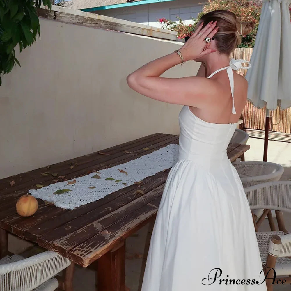 Open Back Halter Deep Graceful V-Neck White Ankle Length Dress