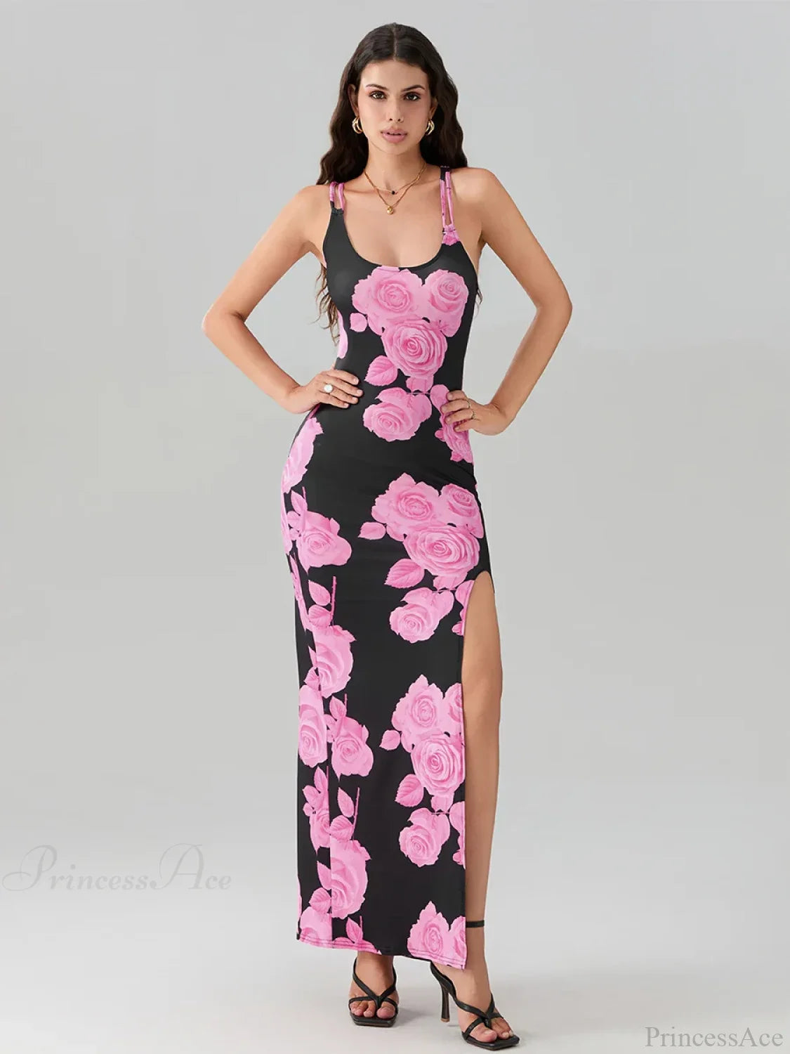 Open Back High Split Floral Print Bodycon Cami Club Floral Dress floraldress-250126