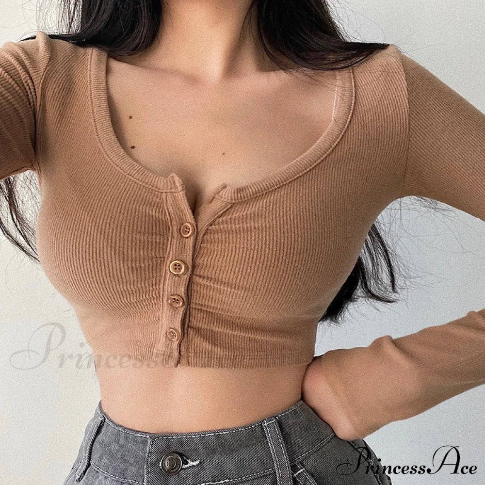 Open Blouse Top Korean Color Solid Cardigan Women’s Arm V-Neck Slim Long Navel U4Wf S / Khaki