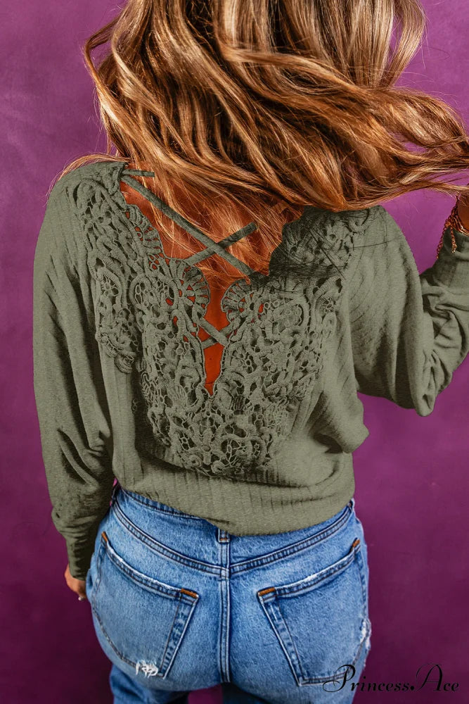 Open Lace-Up Ribbed Back Green Crochet Top Tops