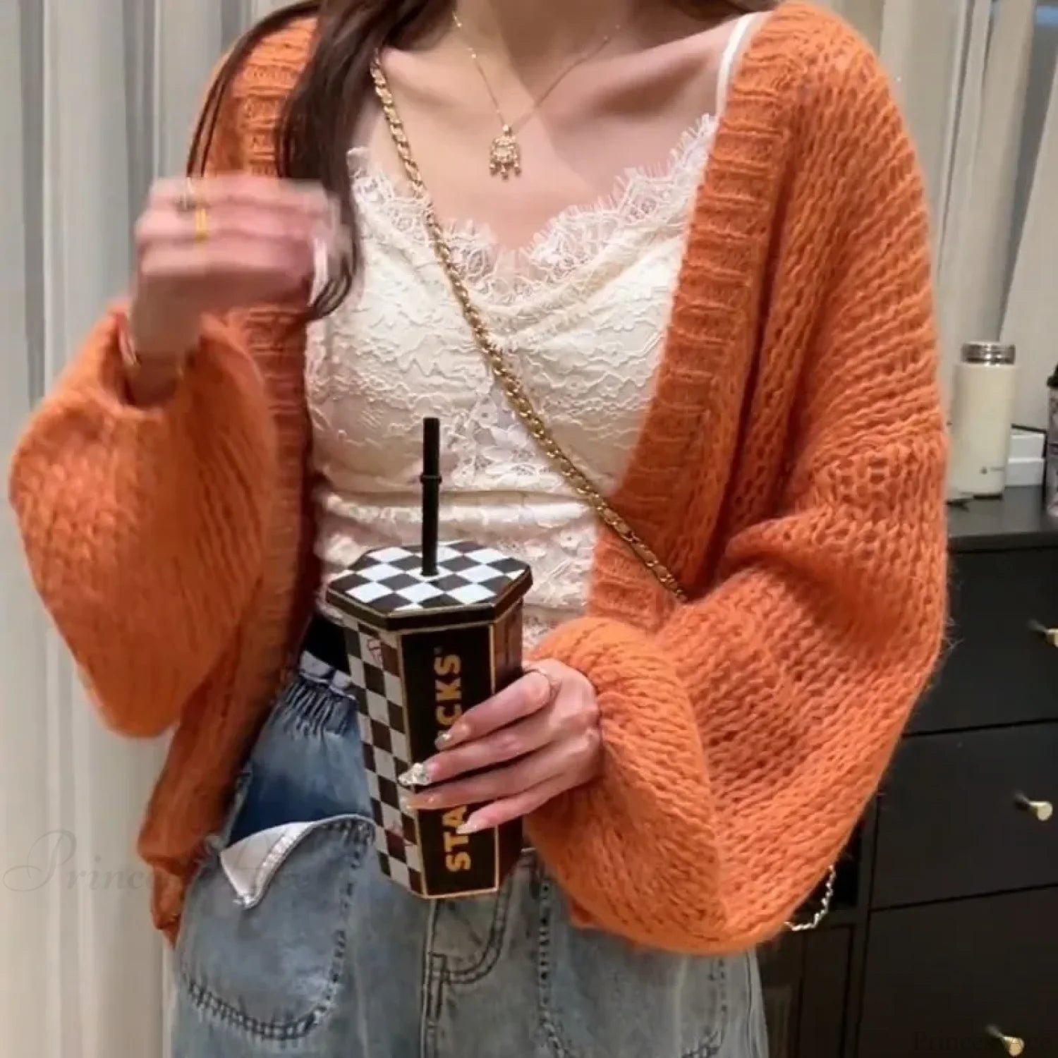 Orange Lantern Sleeve Open Stitch Loose Spring Cardigan cardiagn-250126