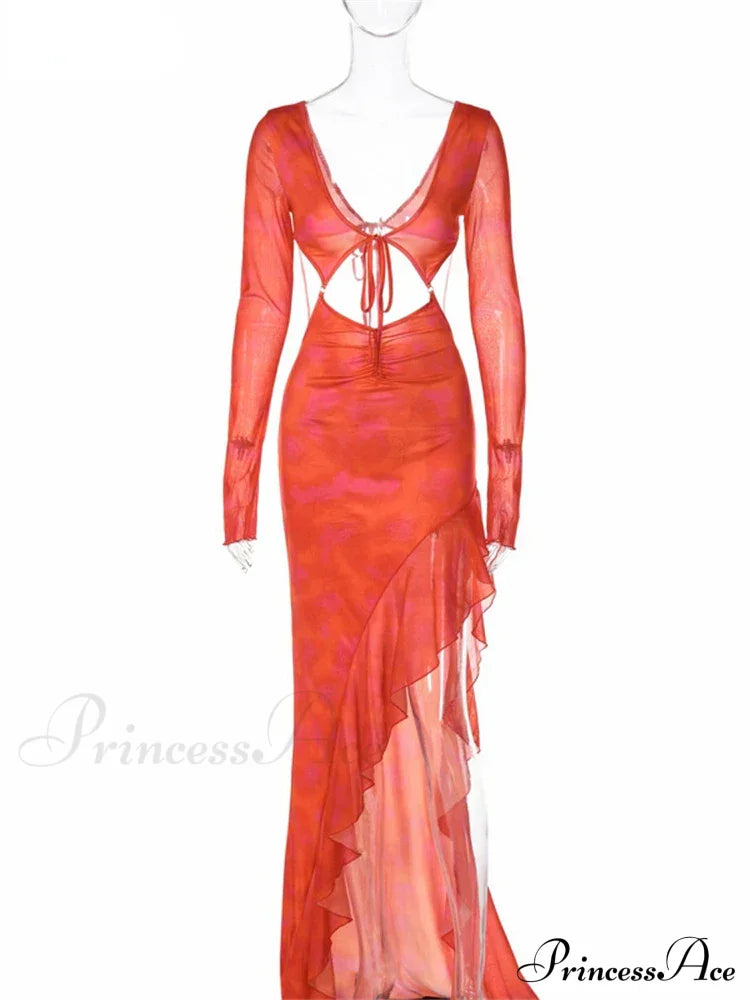 Orange Ruffles Cut Out Long Maxi Dress