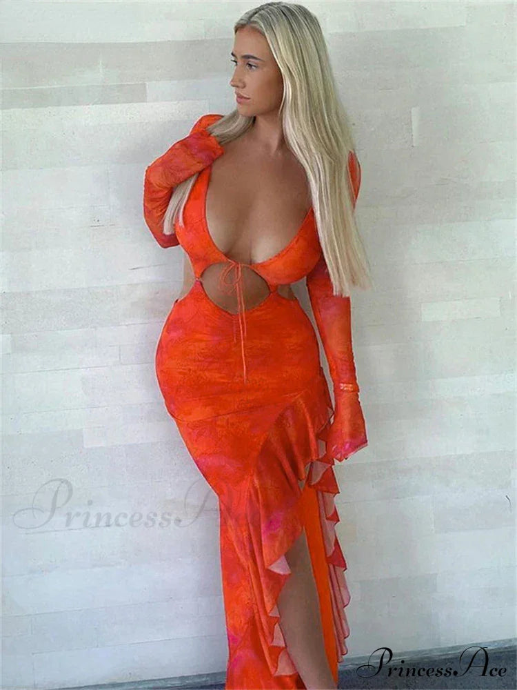 Orange Ruffles Cut Out Long Maxi Dress