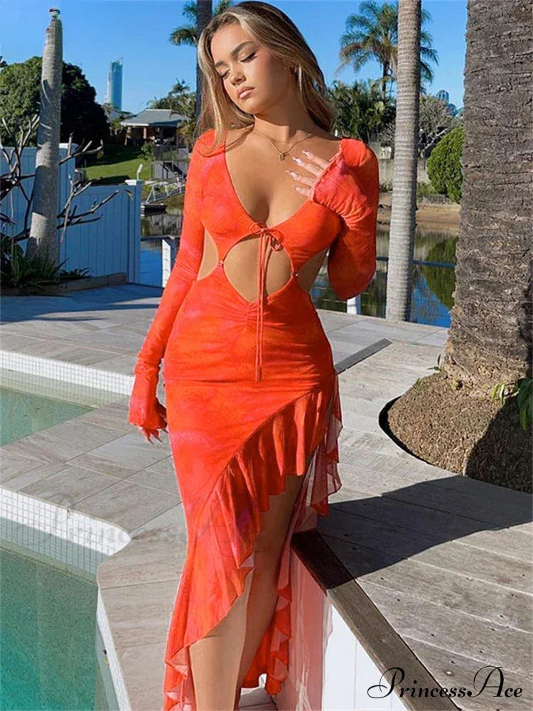 Orange Ruffles Cut Out Long Maxi Dress / S