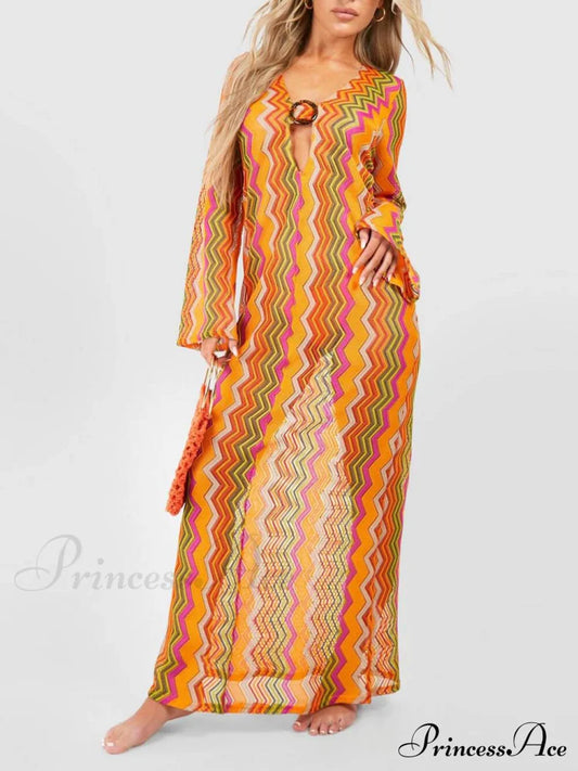 Orange Soda Stripe Print O-Ring Trendy Long Sleeve Beach Maxi Dress Dresses