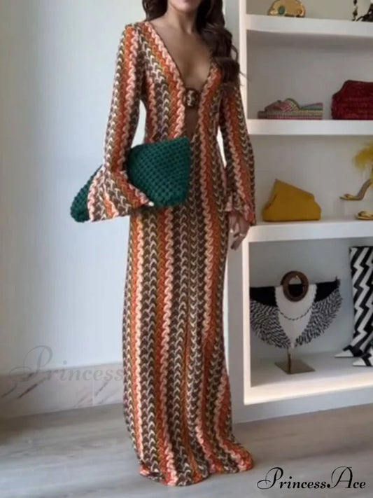 Orange Soda Stripe Print O-Ring Trendy Long Sleeve Beach Maxi Dress / S Dresses