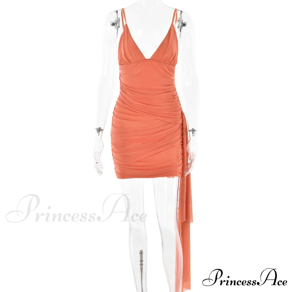 Orange V-Neck Bandage Charming Bodycon Mini Dress Mesh